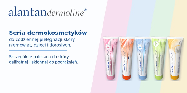 Seria 5 tubek dermokosmetyków Alantandermoline do skóry wrażliwej, na tle pastelowych, kolorowych bloków.