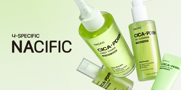 NACIFIC CICA+PDRN skincare line: green bottles of First Toner, Gel Cleanser, Liquid Serum, and Barrier Cream tube, dynamic angle.