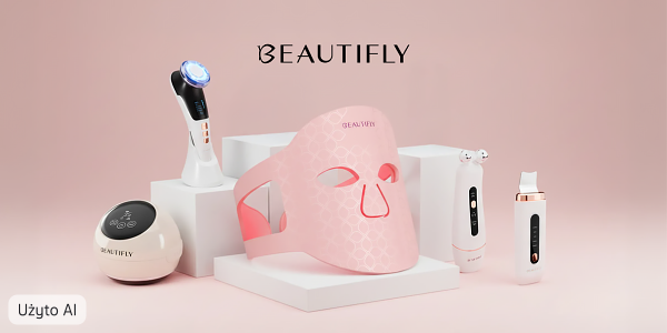 Aranżacja produktów BEAUTIFLY: różowa maska LED, masażery i oczyszczacze skóry, na pastelowym tle.