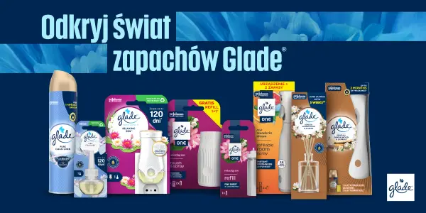 Kolekcja odświeżaczy powietrza Glade: spraye, dyfuzory, wtyczki, wkłady. Na tle z napisem: Odkryj świat zapachów Glade.