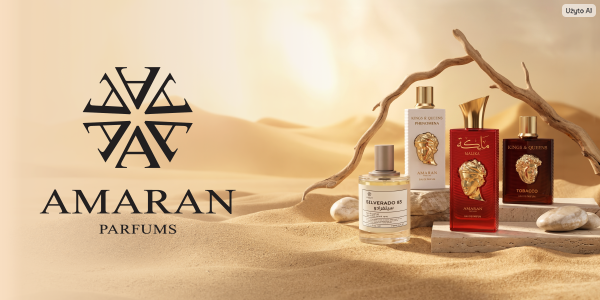 Amaran Parfums: cztery butelki perfum (biała, czerwona, brązowa, przeźroczysta) ze złotymi detalami, logo po lewej, na pustyni.