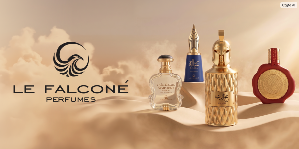 Kolekcja perfum Le Falconé: Symphony, Risala, złota butelka z hełmem na piaszczystych wydmach, widok z przodu.