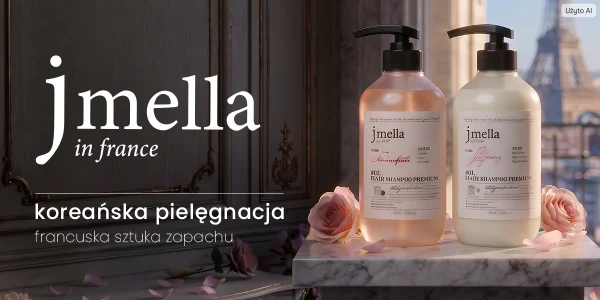 Dwie butelki Jmella Premium Hair Shampoo (różowa, kremowa) na marmurze z różami, tło z wieżą Eiffla. Koreanska pielegnacja.