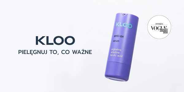 Fioletowe KLOO anti-ox serum z argireline i arbutine. Nagroda Vogue Beauty Awards 2020. Hasło: Pielęgnuj to, co ważne.