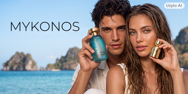 Mężczyzna i kobieta prezentują perfumy Mykonos: turkusowy flakon z lampartem i złoty, na tle plaży.