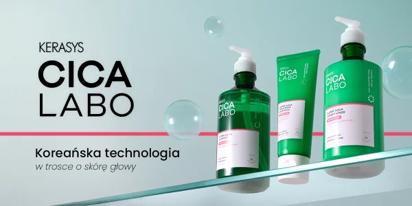Zestaw Kerasys Cica Labo: zielony szampon, maska i odżywka na szklanej półce, pielęgnacja skóry głowy.