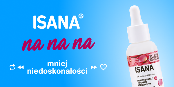 ISANA 3% serum z kwasem azelainowym w białej butelce z kroplomierzem i różową etykietą, widok pod kątem.