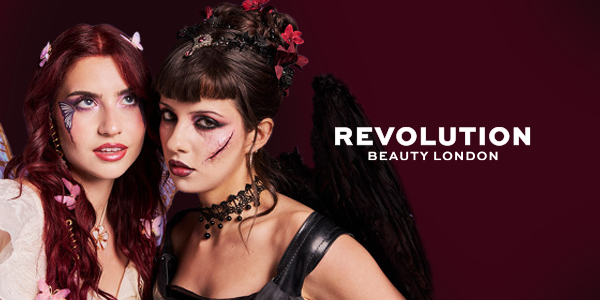 Revolution Beauty London: Close-up of two women, one a fairy, one a dark angel, showcasing theatrical makeup.