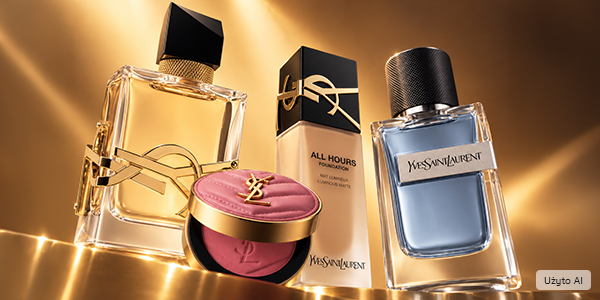 YSL: złoty perfum Libre, różowy róż, podkład All Hours i niebieski perfum męski Y na złotym, odbijającym tle.