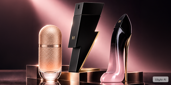 Trzy perfumy Carolina Herrera: różowozłoty cylinder, czarny piorun i szpilka ombre, na podium.