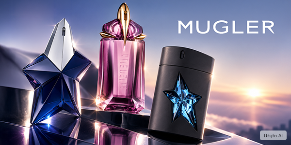 Trzy perfumy Mugler: Angel, Alien i A*Men, w charakterystycznych butelkach na lustrzanej powierzchni, tle zachodu słońca.