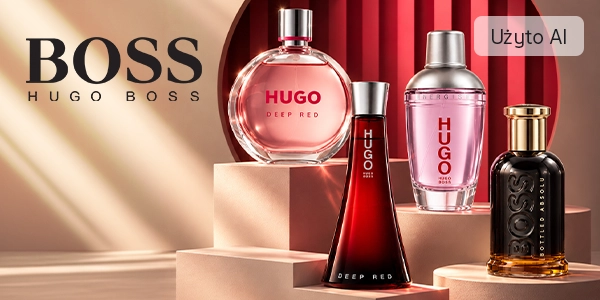Perfumy Hugo Boss: okrągły Deep Red, stożkowy Deep Red, różowy Energise i Bottled Absolu na podestach.