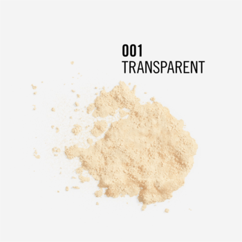Kupa transparentnego, luźnego pudru matującego Rimmel Stay Matte, z napisem "001 TRANSPARENT" na białym tle.