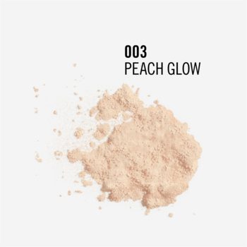 Kupka matującego pudru Rimmel Stay Matte w odcieniu 003 Peach Glow na białym tle, widok z góry.