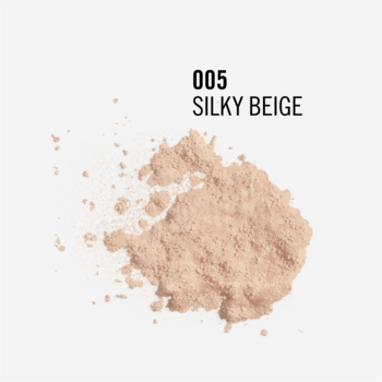 Puder matujący Rimmel Stay Matte 005 Silky Beige w postaci jasnobeżowego proszku na białym tle.