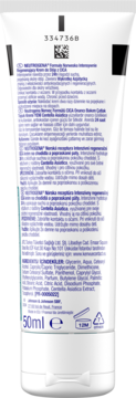 Tył białej tubki Neutrogena kremu do stóp na popękane pięty, ze składnikami i informacjami o produkcie.