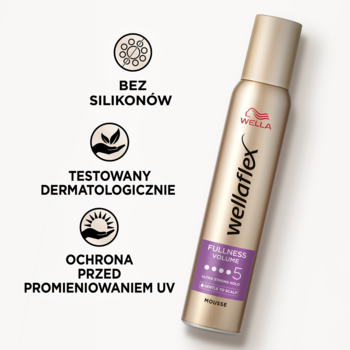 Złota pianka Wella Wellaflex Fullness Volume 5, fioletowa etykieta, ikony: Bez Silikonów, Testowany, Ochrona UV.