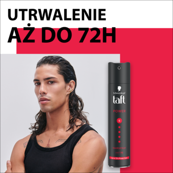 Mężczyzna z długimi włosami i lakier Schwarzkopf Taft Power w czarno-czerwonej butelce, napis: 72h utrwalenie.
