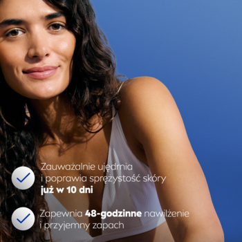 Reklama NIVEA Q10: uśmiechnięta kobieta na niebieskim tle, z tekstem o ujędrniającym mleczku i nawilżeniu.