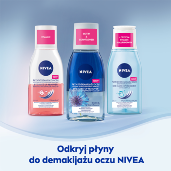 Trzy płyny do demakijażu oczu NIVEA: różowy, dwufazowy z bławatkiem i niebieski, na jasnym tle.