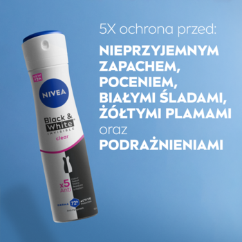 NIVEA Black & White Clear antyperspirant w sprayu, biało-czarny, z opisem 5x ochrony na niebieskim tle.
