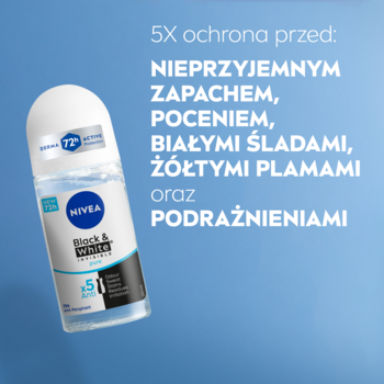 NIVEA Black & White Pure Antyperspirant roll-on, przezroczysta butelka z etykietą 5x ochrona, widok z przodu.