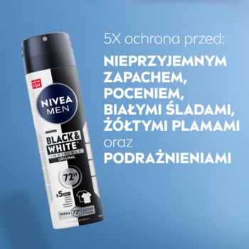 Nivea Men Black & White antyperspirant spray na błękitnym tle, widok pod kątem. Tekst: 5x ochrona.