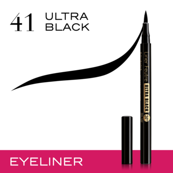 Bourjois Liner Feutre Ultra Black eyeliner w pisaku z otwartą skuwką i czarną kreską na białym tle, tekst 41 ULTRA BLACK.