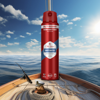 Czerwony dezodorant Old Spice Pure Sport w sprayu z napisem "24/7 FRESHNESS" na łodzi, ocean w tle.