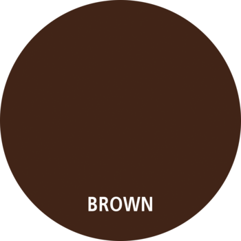 Okrągła próbka koloru brązowej kredki do oczu, przedstawiająca głęboki, czekoladowy brąz z tekstem BROWN.