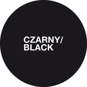 Czarna, okrągła próbka koloru eyelinera w płynie, z białym napisem 'CZARNY/BLACK' na środku.