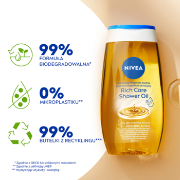NIVEA Rich Care Shower Oil w żółtej butelce. Widoczne: 99% biodegradacji, 0% mikroplastiku, 99% recyklingu.