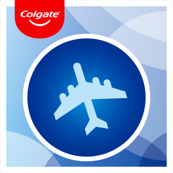 Ikona Colgate Travel: niebieski okrąg z białym samolotem, faliste tło, logo Colgate w lewym rogu.