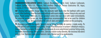 Tył opakowania musującej pastylki do kąpieli z olejem z pestek winogron i awokado, widoczne instrukcje.