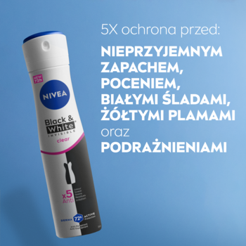 NIVEA Black & White Clear antyperspirant spray 5X ochrona przed plamami i zapachem, widok z przodu.