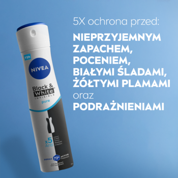 NIVEA Black & White Pure antyperspirant spray w czarno-białej butelce, 5x ochrona, na niebieskim tle.