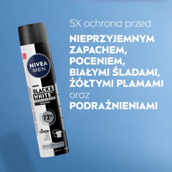 NIVEA MEN Black & White Original antyperspirant spray, czarno-biała puszka, widok z przodu, 72h ochrona.