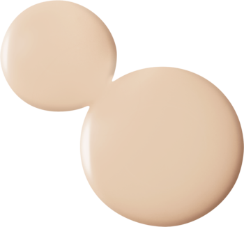 Dwie lśniące krople jasnego, matującego podkładu Bourjois 123 Perfect SPF 10 na białym tle, widok z góry.