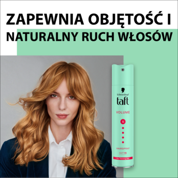 Lakier Schwarzkopf Taft Volume w zielonej butelce z różowymi detalami, obok modelka z falowanymi włosami.