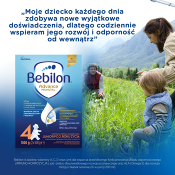 Niebieskie pudełko Bebilon 4 Advance, mleko modyfikowane dla dzieci, z matką i dzieckiem w tle górskiego pejzażu.