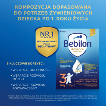 Bebilon Advance 3: niebieskie pudełko mleka dla dzieci po 1. roku życia. Wspiera odporność, rozwój mózgu, poznawczy.