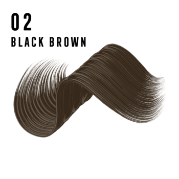 Max Factor 2000 Calorie 02 Black Brown tusz do rzęs, ciemnobrązowy falisty swatch na białym tle.