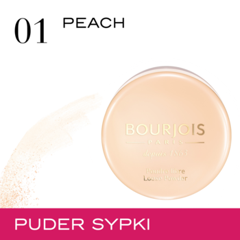Bourjois Libre Loose Powder 01 Peach, okrągły sypki puder w jasnym beżu, z napisem i smugą.