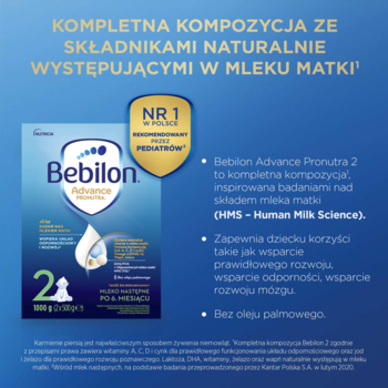 Bebilon 2 Advance Pronutra, grafika: opakowanie mleka modyfikowanego na niebieskim tle z opisem korzyści.