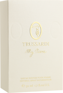 Trussardi My Name woda perfumowana dla kobiet w jasnobeżowym pudełku ze złotymi napisami i logo, widok z przodu.