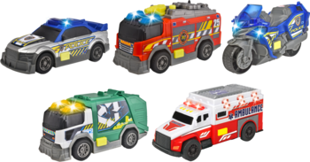 Zabawkowe pojazdy funkcyjne 15 cm ze światłem i dźwiękiem: policja, straż, ambulans, śmieciarka, motocykl. Widok z przodu.