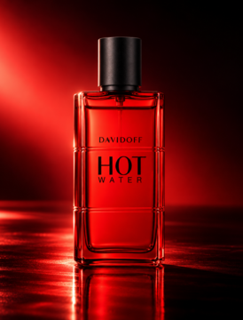 Davidoff Hot Water, prostokątna, czerwona butelka perfum z czarną nakrętką, na lśniącym czerwonym tle, widok z przodu.