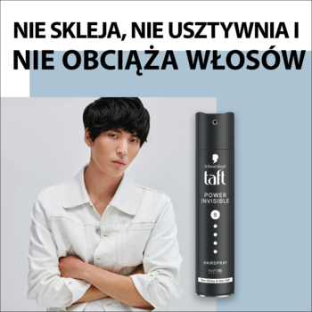 Lakier Schwarzkopf Taft Power Invisible z modelem. Nie skleja, nie usztywnia i nie obciąża włosów.