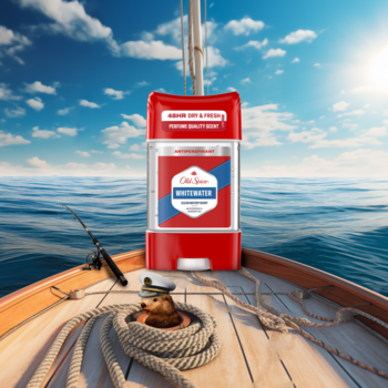 Antyperspirant Old Spice Whitewater w czerwono-białym sztyfcie, na drewnianym pokładzie łodzi z widokiem na morze.