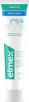 Pasta elmex Sensitive Gentle White w białej tubce z niebieskimi i turkusowymi paskami, widok z przodu. Chroni wrażliwe zęby.